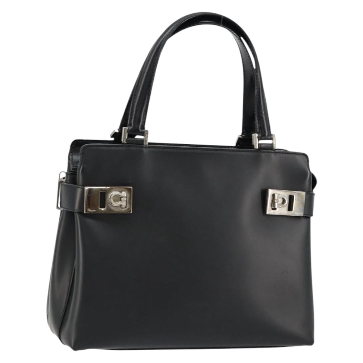 Salvatore Ferragamo Double Gancini Side Buckle Leather Black Leather Tote Bag Bag (Pre-Owned)