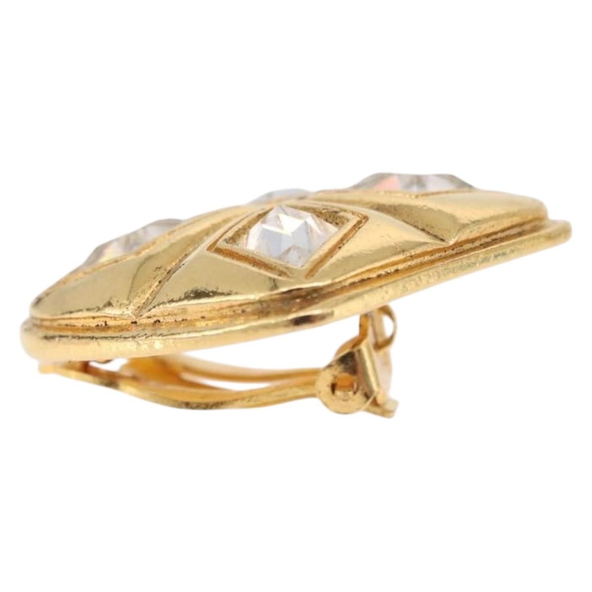 Chanel Vintage Diamond Clip-On Metal With Crystals Gold Metal Earrings Jewelry (Pre-Owned)