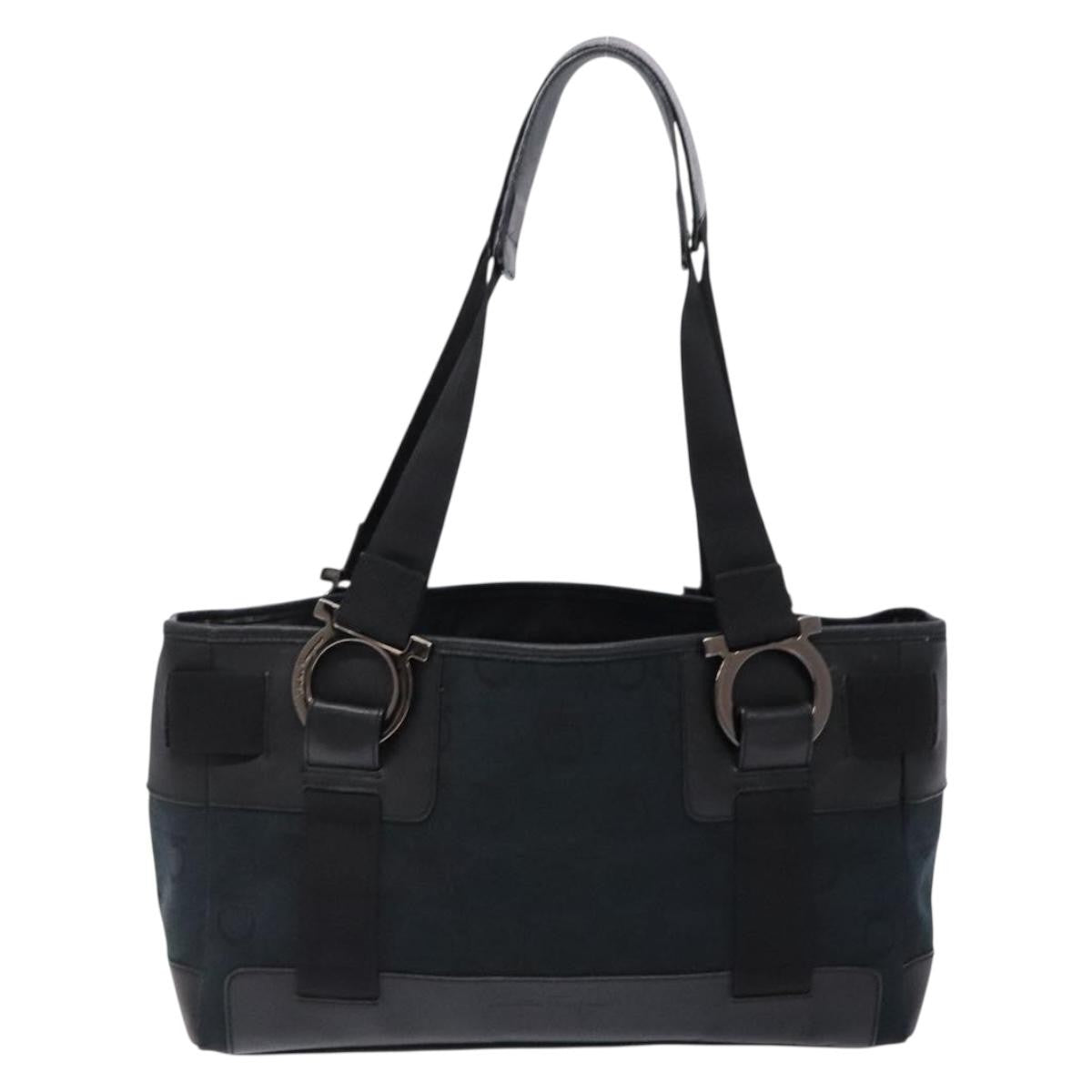 Salvatore Ferragamo Gancini Tote Canvas Black Canvas Tote Bag Bag (Pre-Owned)