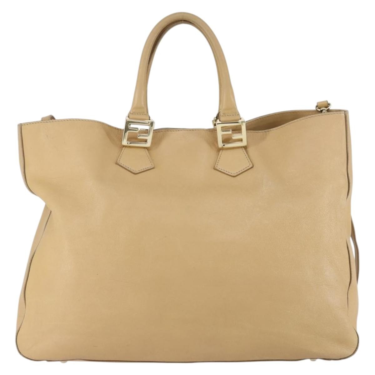 Fendi Twins Tote Leather Beige Leather Tote Bag Bag (Pre-Owned)