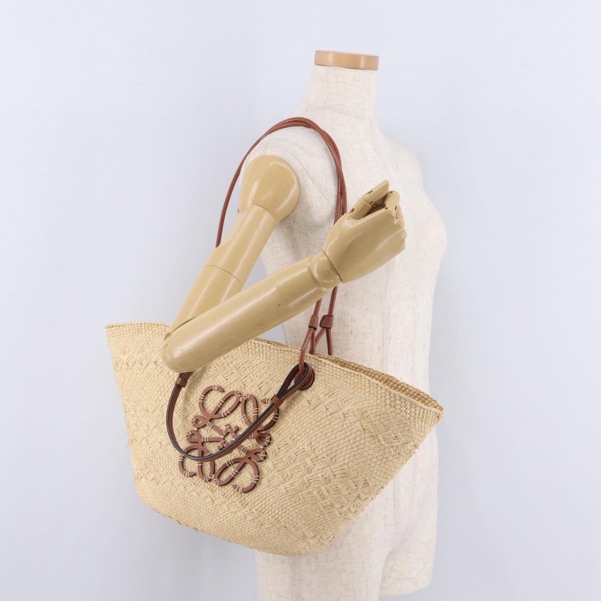 Loewe Anagram Basket Raffia Beige Wood Tote Bag Bag (Pre-Owned)