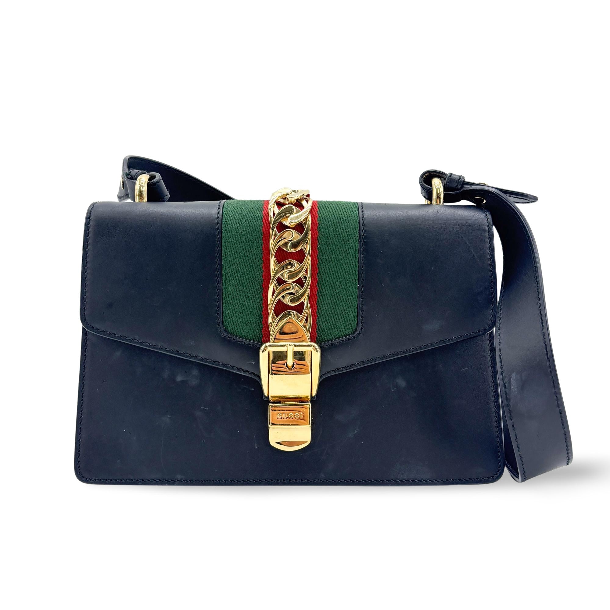 Gucci Sylvie Leather Navy Leather Shoulder Bag Bag (Pre-Owned)