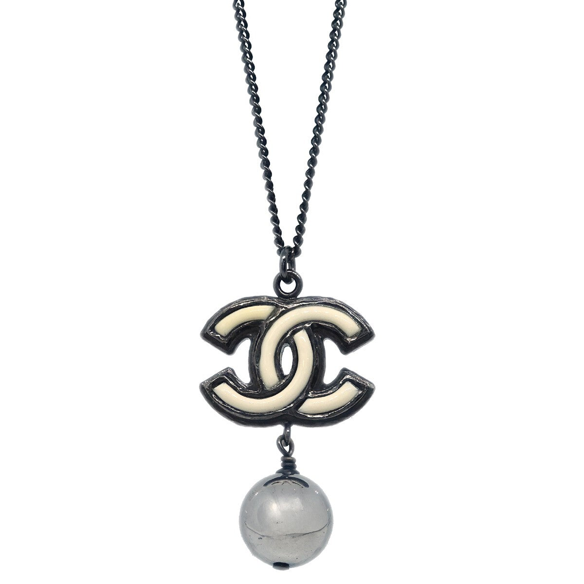 Chanel Cc Pearl Drop Metal With Pearls Black Metal Necklace Jewelry (Pre-Owned)