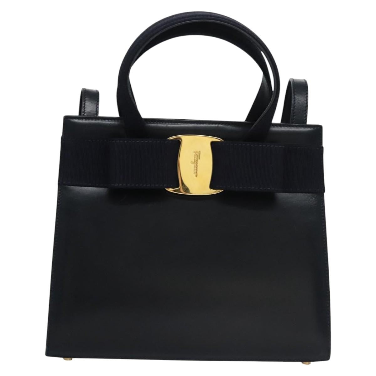 Salvatore Ferragamo Convertible Vara Bow Tote Leather Navy Leather Handbag (Pre-Owned)