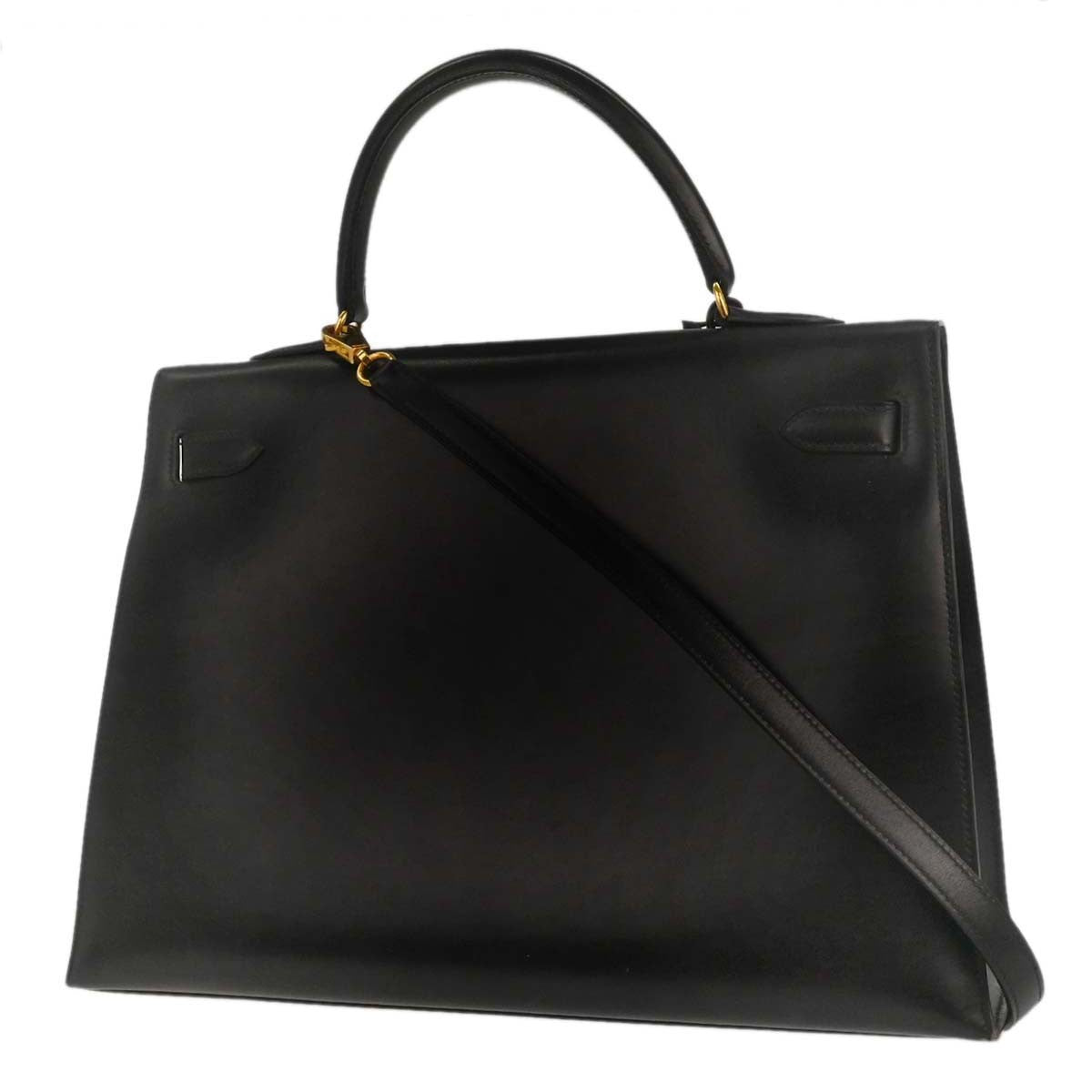 Hermes Kelly Black Box Calf With Gold Hardware Black Lace Handbag (Pre-Owned)