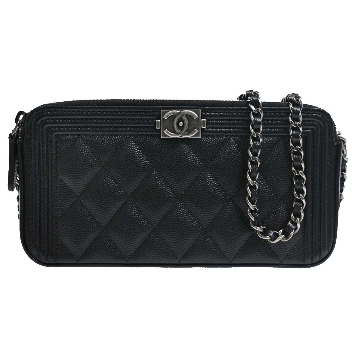 Chanel Boy Double Zip Clutch With Chain Quilted Lambskin Black Leather Clutche & Pouche Bag (Pre-Owned)