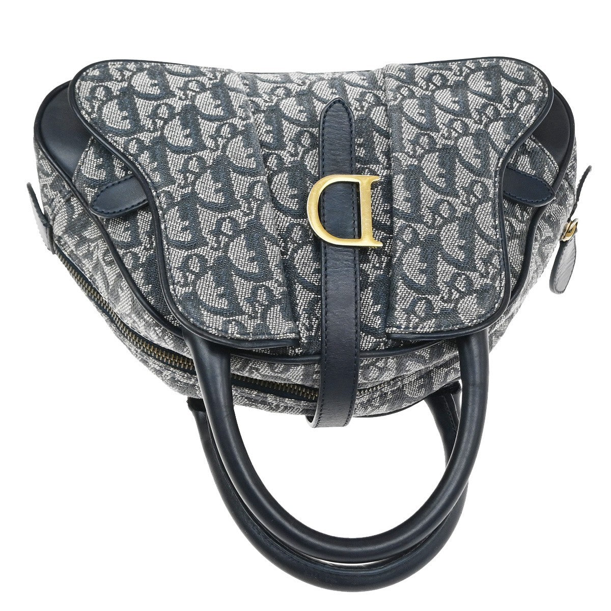 Christian Dior Vintage Saddle Bowler Diorissimo Canvas Navy Canvas Handbag (Pre-Owned)
