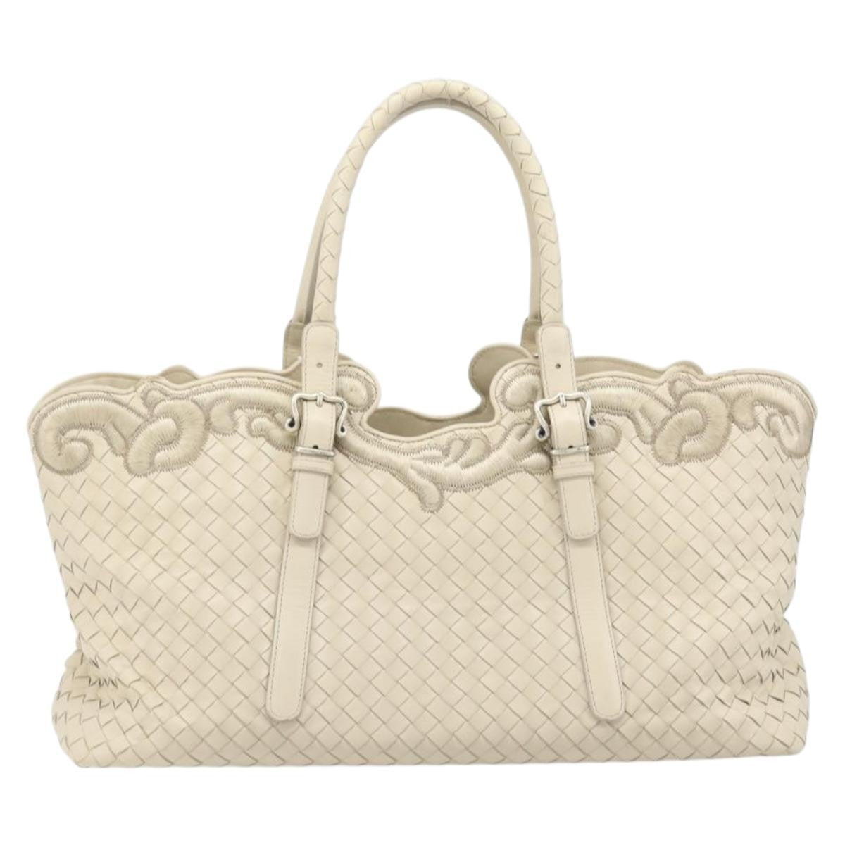 Bottega Veneta Belted Cabas Tote Intrecciato Nappa With Stitched Detail White Leather Tote Bag Bag (Pre-Owned)
