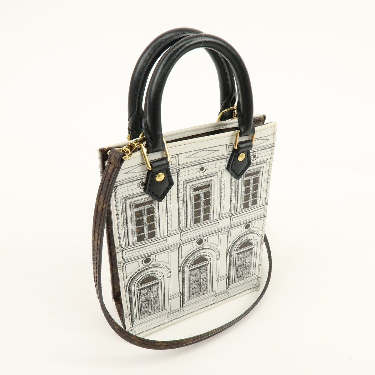 Louis Vuitton Petit Sac Plat Limited Edition Fornasetti Architettura Print Leather And Monogram Canvas White Canvas Handbag (Pre-Owned)