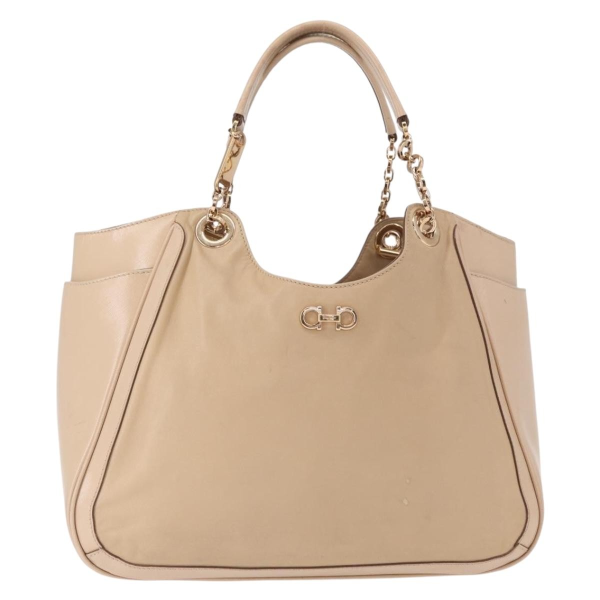 Salvatore Ferragamo Betulla Chain Leather Beige Leather Tote Bag Bag (Pre-Owned)