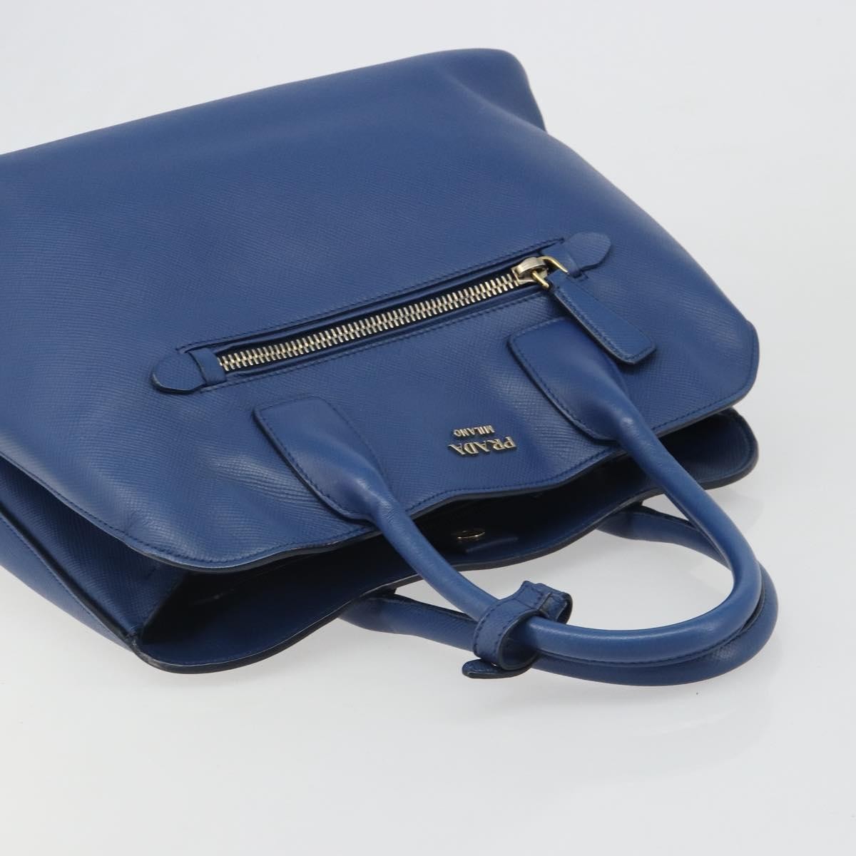 Prada Cuir Promenade Front Zip Tote Leather Blue Leather Handbag (Pre-Owned)