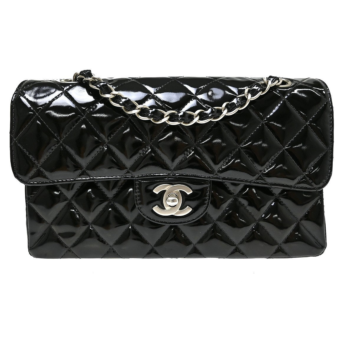 Chanel Timeless - Classic Double Flap Quilted Crinkled Patent Black Patent_Leather Shoulder Bag Bag (Pre-Owned)
