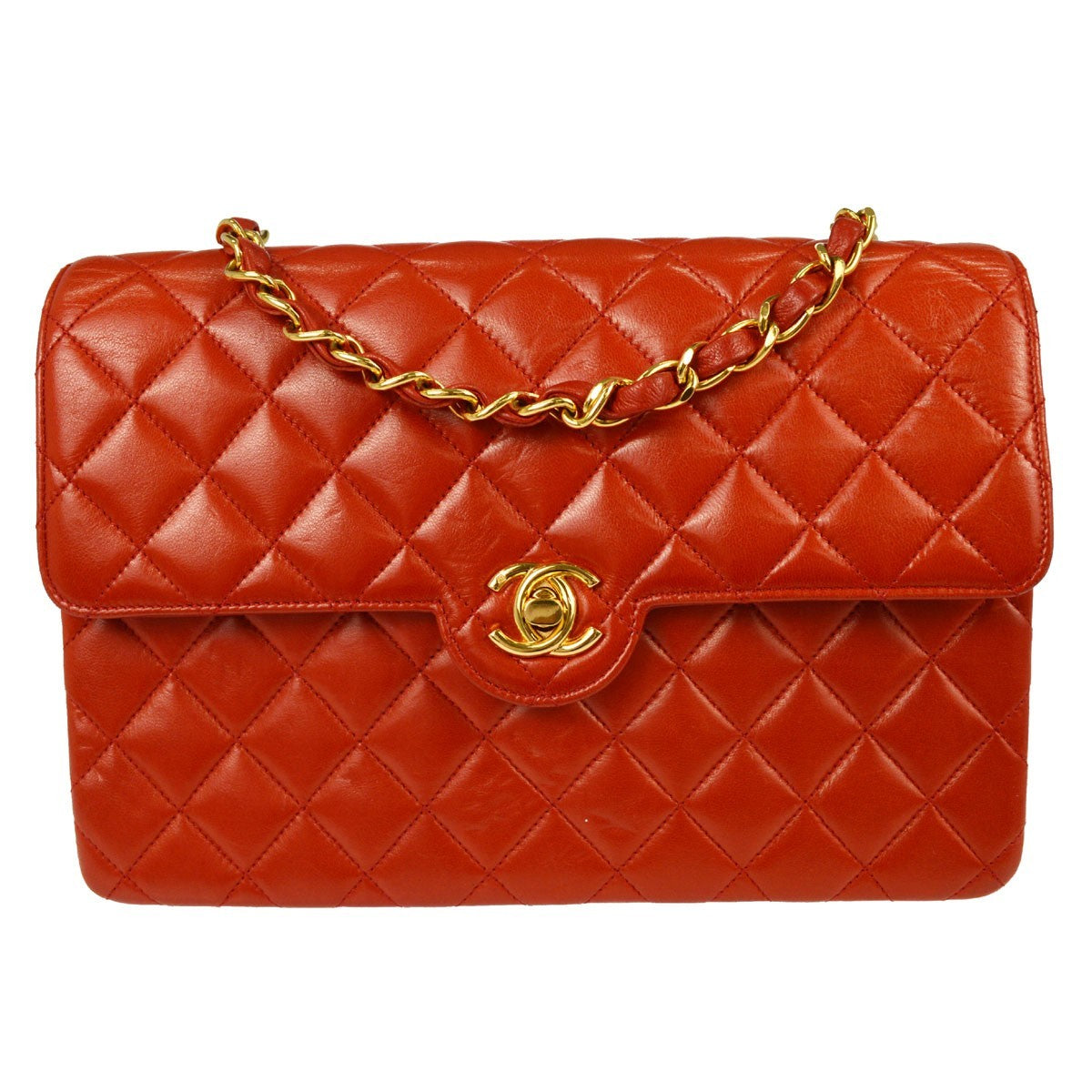 Chanel Vintage Cc Chain Flap Quilted Lambskin Red Leather Handbag (Pre-Owned)