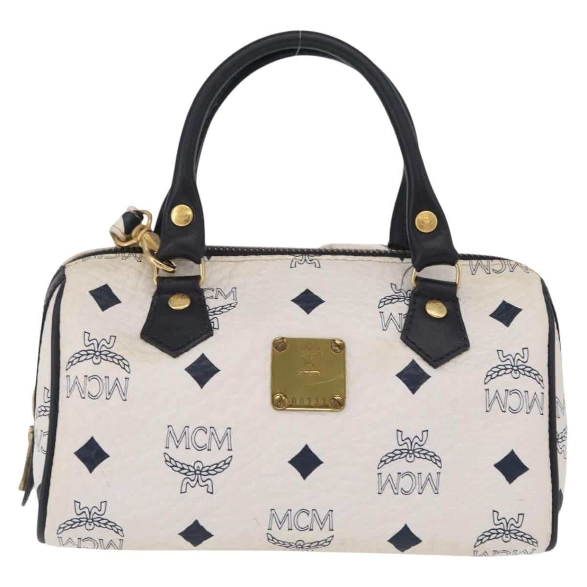 MCM Vicetos Logogram Boston White Canvas Travel Bag Bag (Pre-Owned)