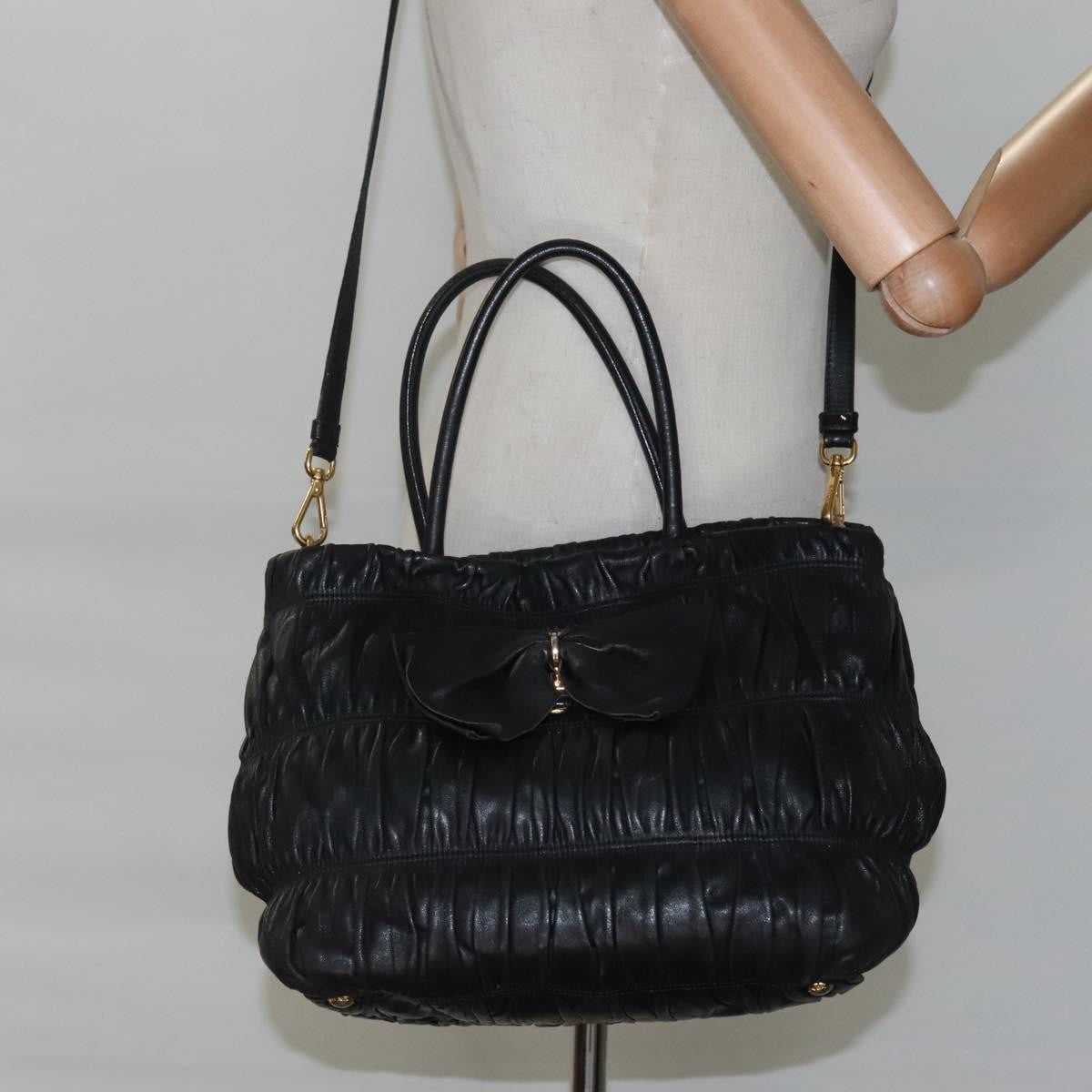 Prada Nappa Gaufre Bow Leather Black Leather Tote Bag Bag (Pre-Owned)