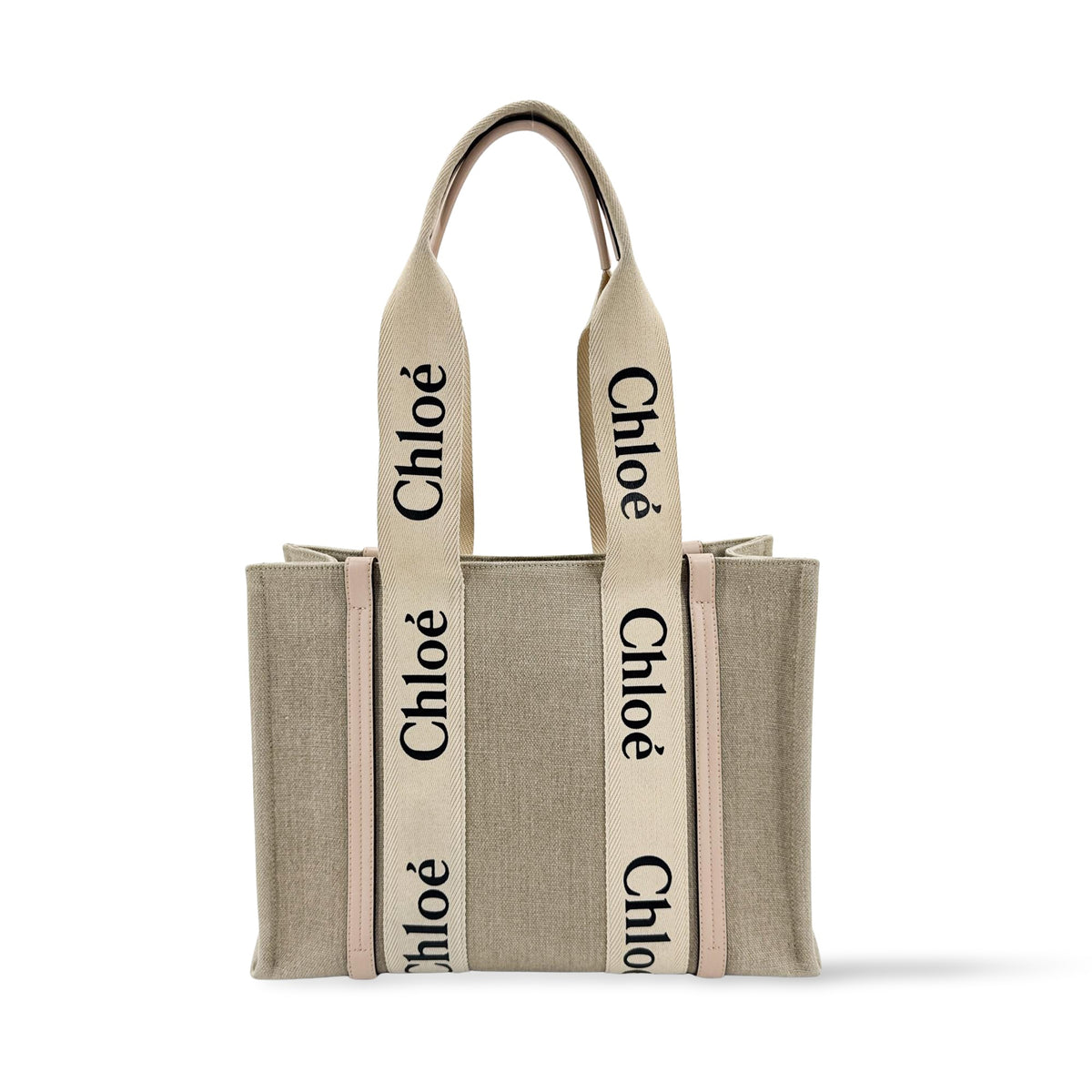 Chloe Woody Canvas With Leather Beige Canvas Tote Bag Bag (Pre-Owned)