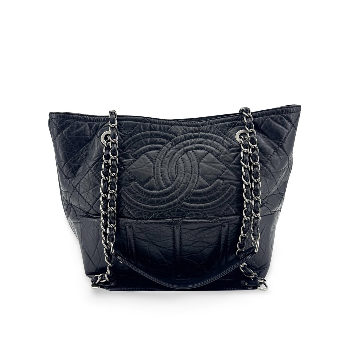 Chanel Cc Crave Quilted Glazed Caviar Black Leather Tote Bag Bag (Pre-Owned)