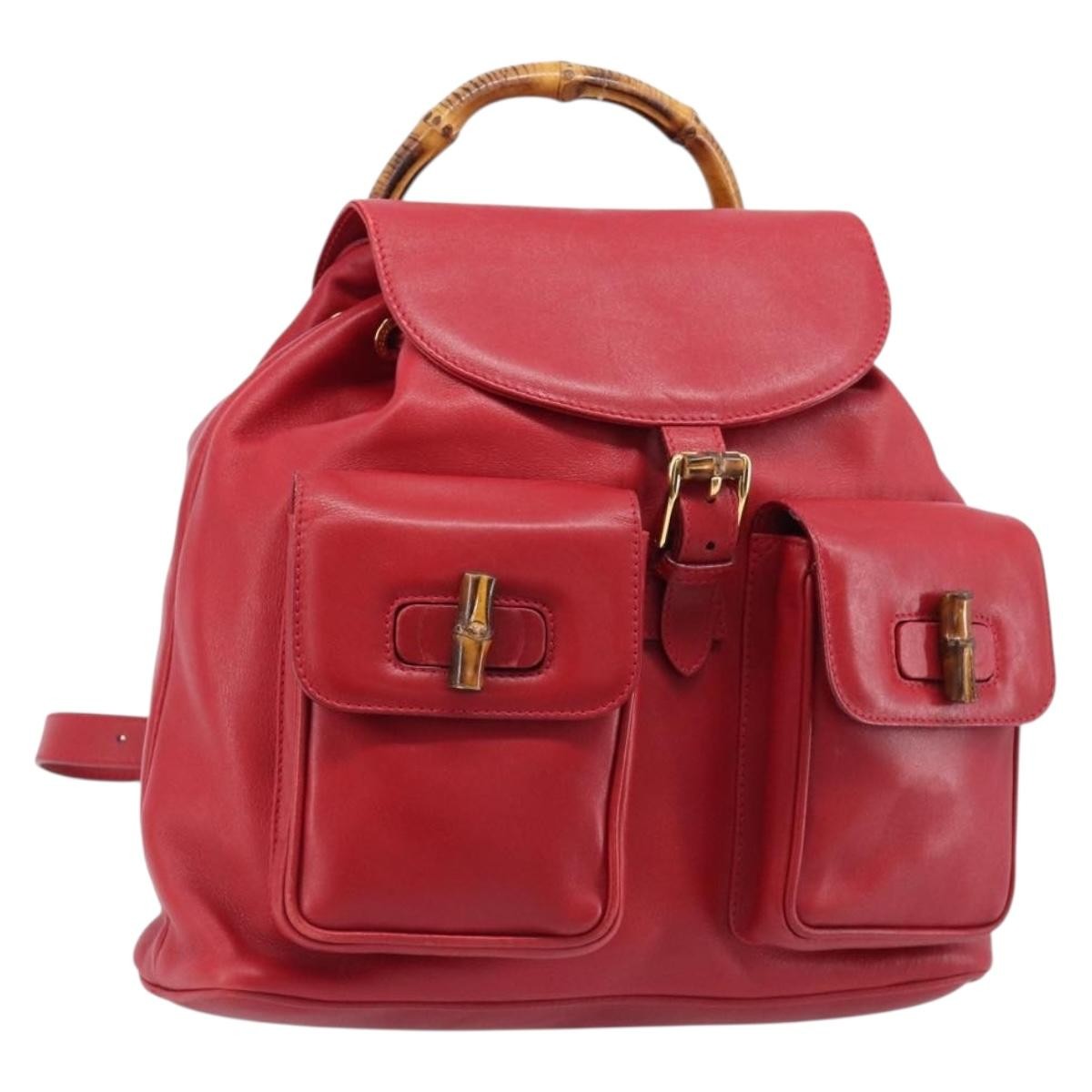 Gucci Vintage Bamboo Leather Red Leather Backpack Bag (Pre-Owned)
