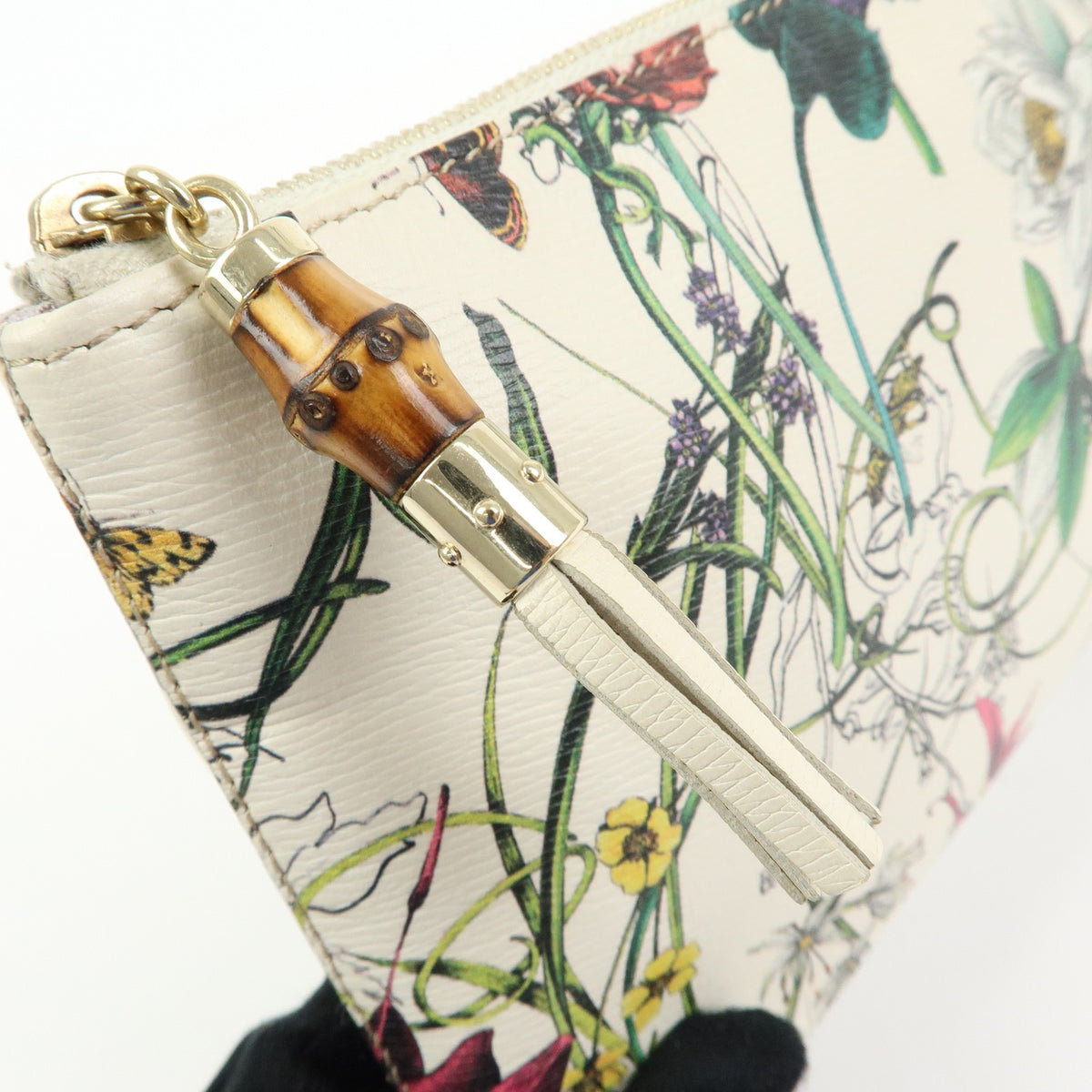 Gucci Bamboo Zip Pouch Flora Leather Beige Leather Clutche & Pouche Bag (Pre-Owned)
