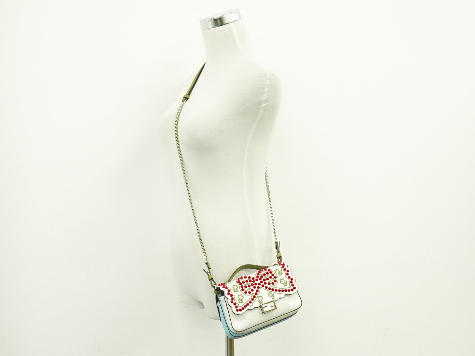 Fendi Double Baguette Embroidered Studded Leather White Leather Shoulder Bag Bag (Pre-Owned)