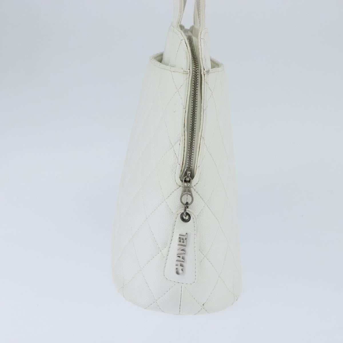 Chanel Vintage Cc Zip Around Bowler Quilted Caviar White Leather Tote Bag Bag (Pre-Owned)