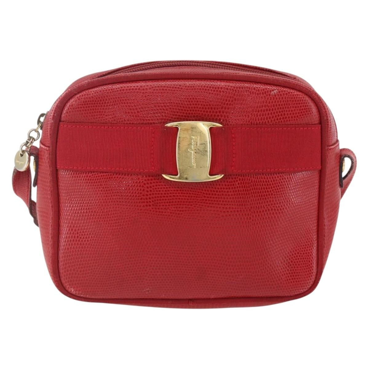 Salvatore Ferragamo Vara Bow Camera Leather Red Leather Shoulder Bag Bag (Pre-Owned)