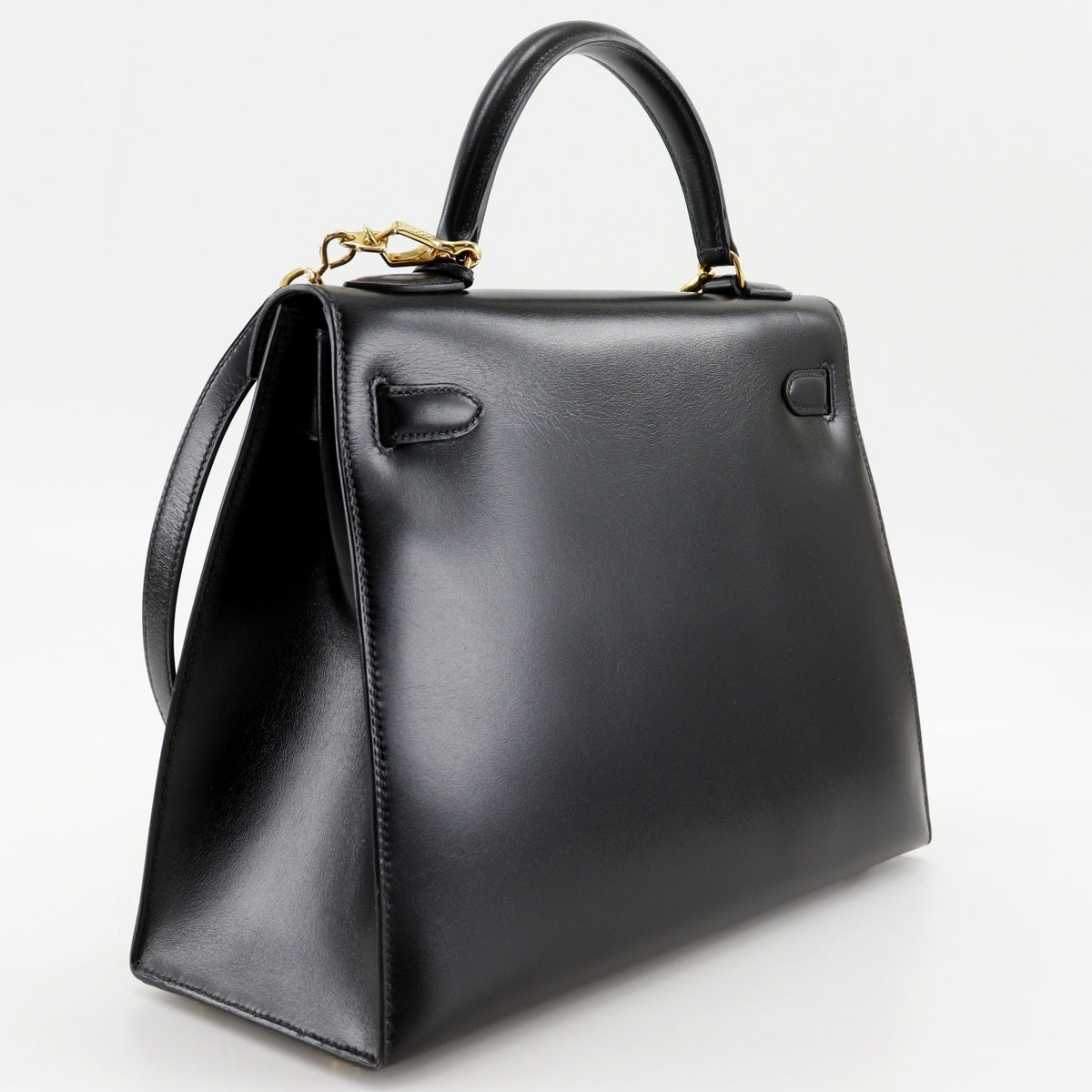 Hermes Kelly Black Box Calf With Gold Hardware Black Leather Handbag (Pre-Owned)