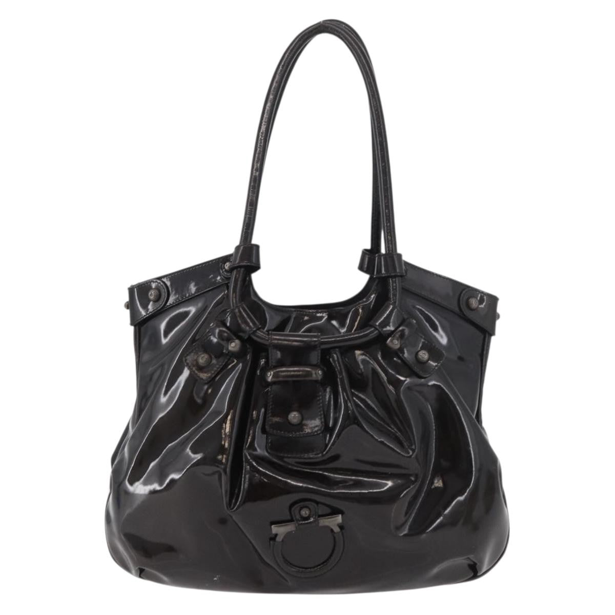 Salvatore Ferragamo Gancini Patent Leather Brown Patent_Leather Handbag (Pre-Owned)