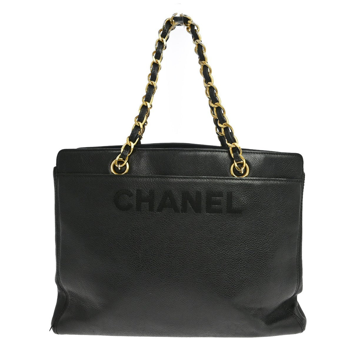 Chanel Vintage Logo Chain Tote Caviar Black Leather Tote Bag Bag (Pre-Owned)