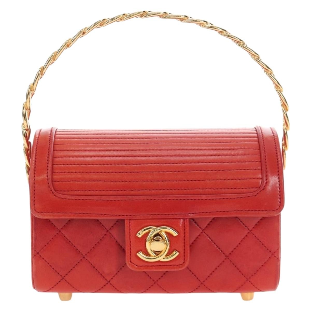 Chanel Vintage Mademoiselle Top Handle Flap Quilted Leather Red Leather Handbag (Pre-Owned)