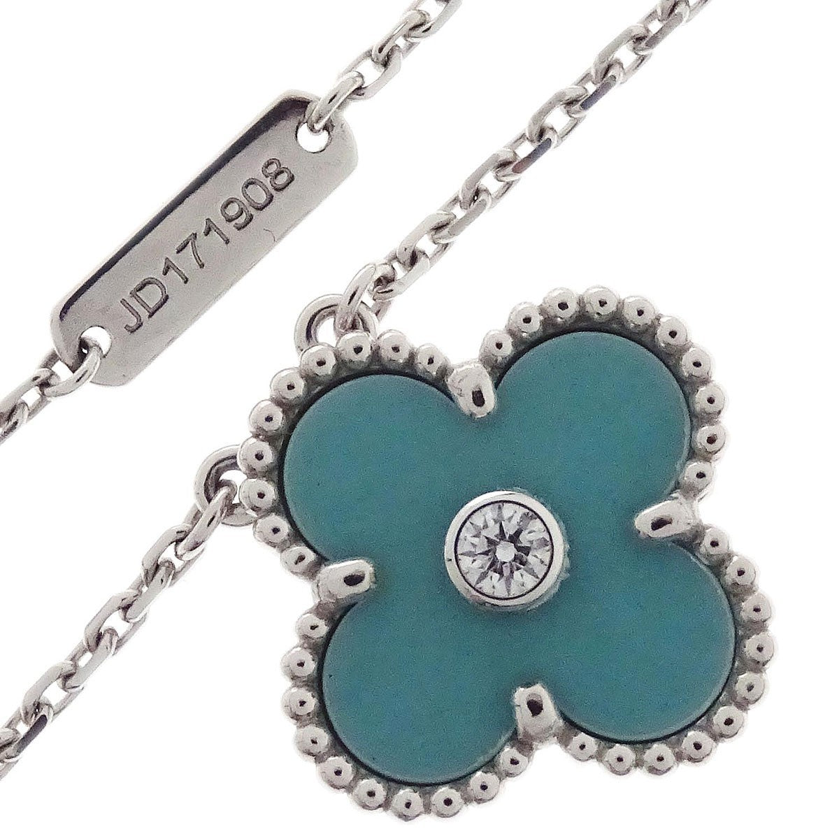 Van Cleef & Arpels Vintage Alhambra Pendant 18K White Gold And Green Celadon Sevres Porcelain With Diamond Silver White_Gold Necklace Jewelry (Pre-Owned)