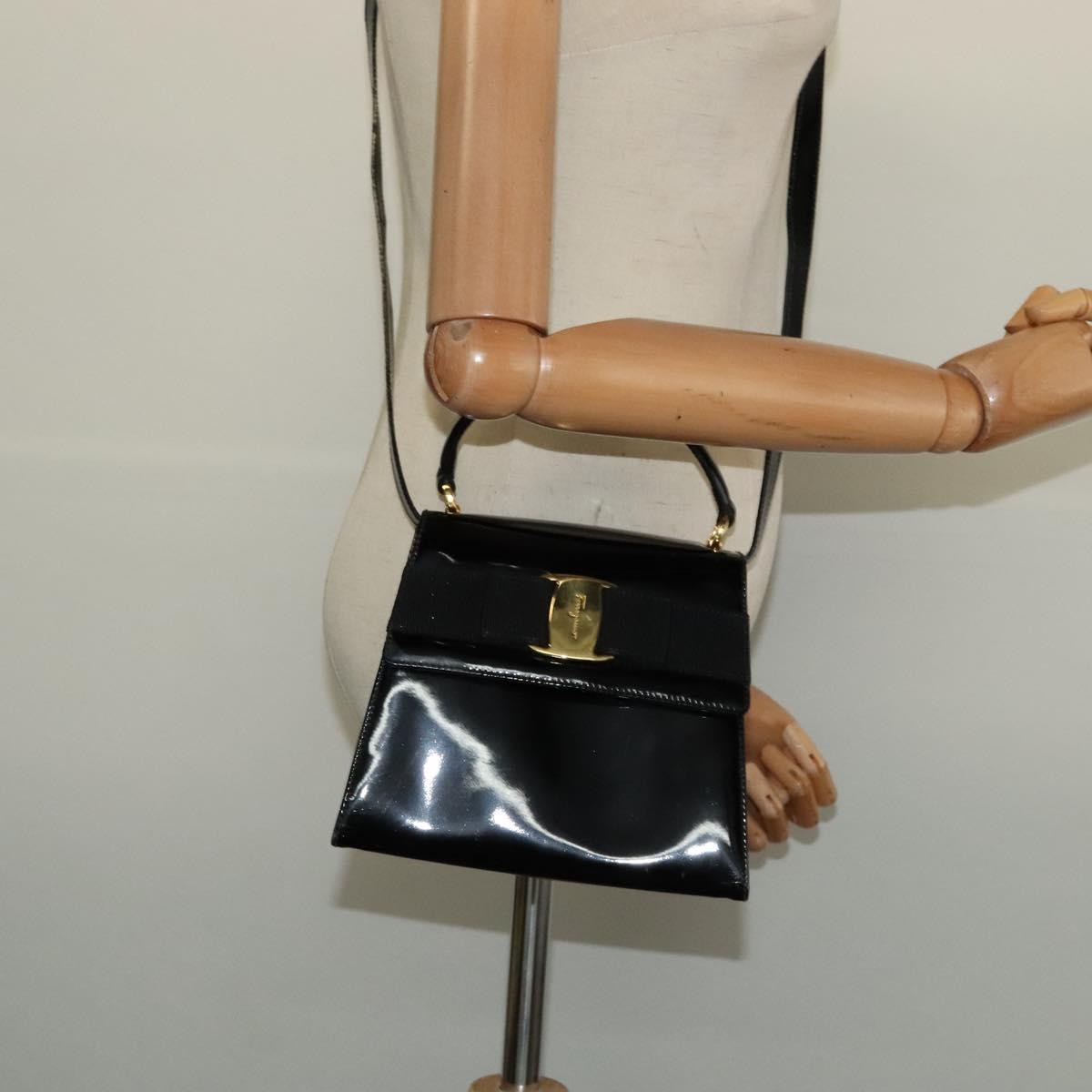 Salvatore Ferragamo Vintage Vara Bow Top Handle Leather Black Patent_Leather Handbag (Pre-Owned)