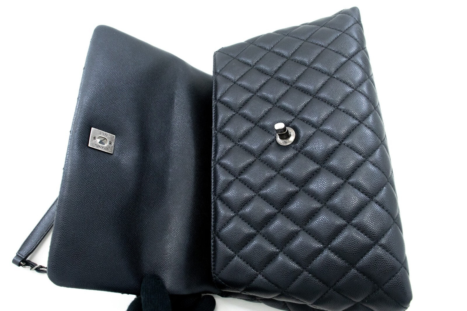 Chanel Top Handle Flap Quilted Caviar Leather Black Calfskin Handbag (Pre-Owned)