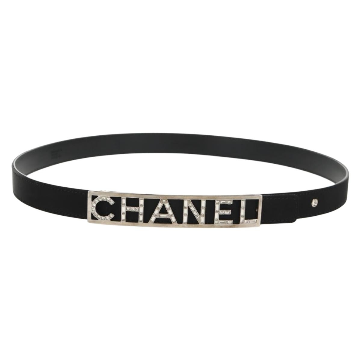 Chanel Logo Belt Leather With Metal And Crystals Black Leather Belts Accessory (Pre-Owned)