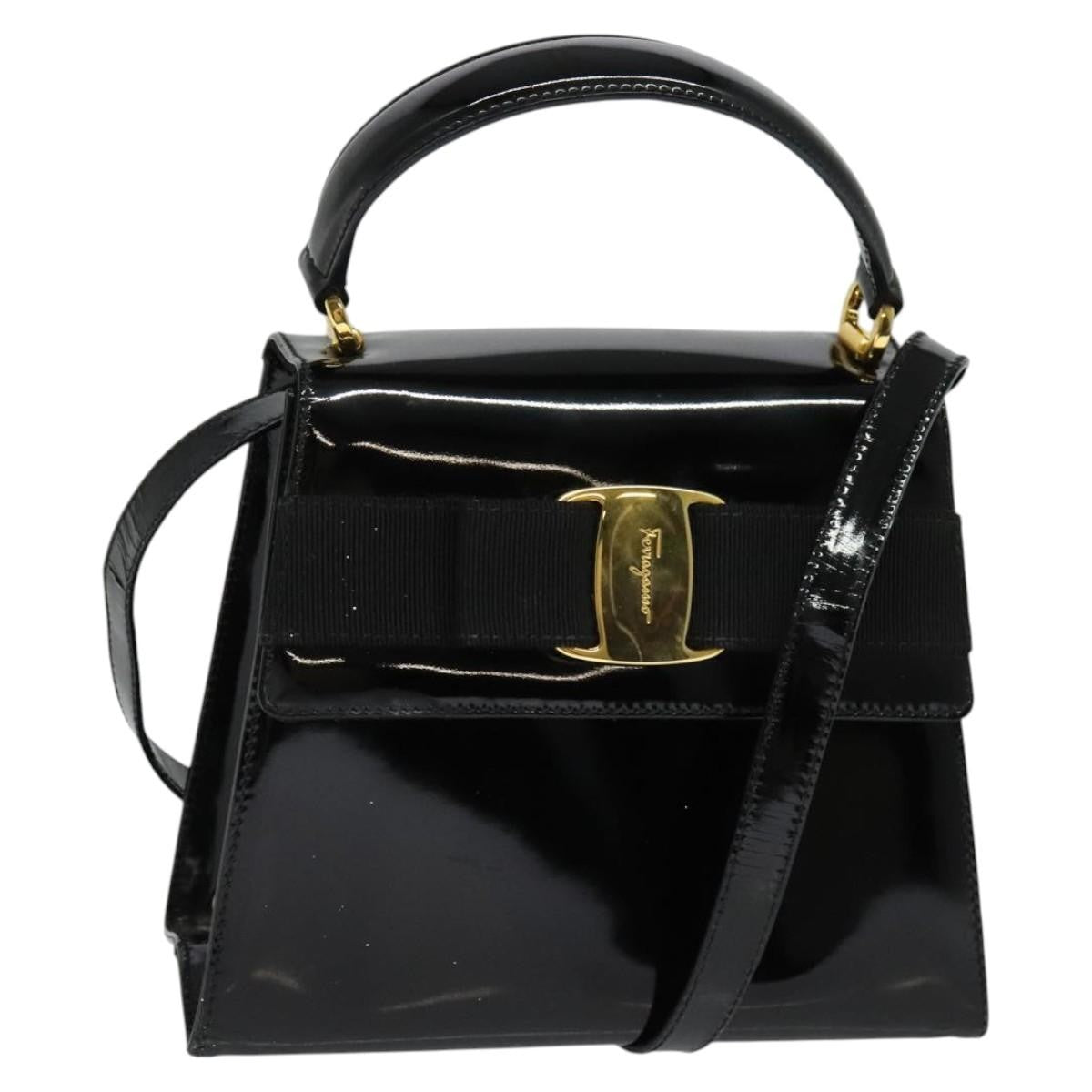 Salvatore Ferragamo Vintage Vara Bow Top Handle Leather Black Patent_Leather Handbag (Pre-Owned)