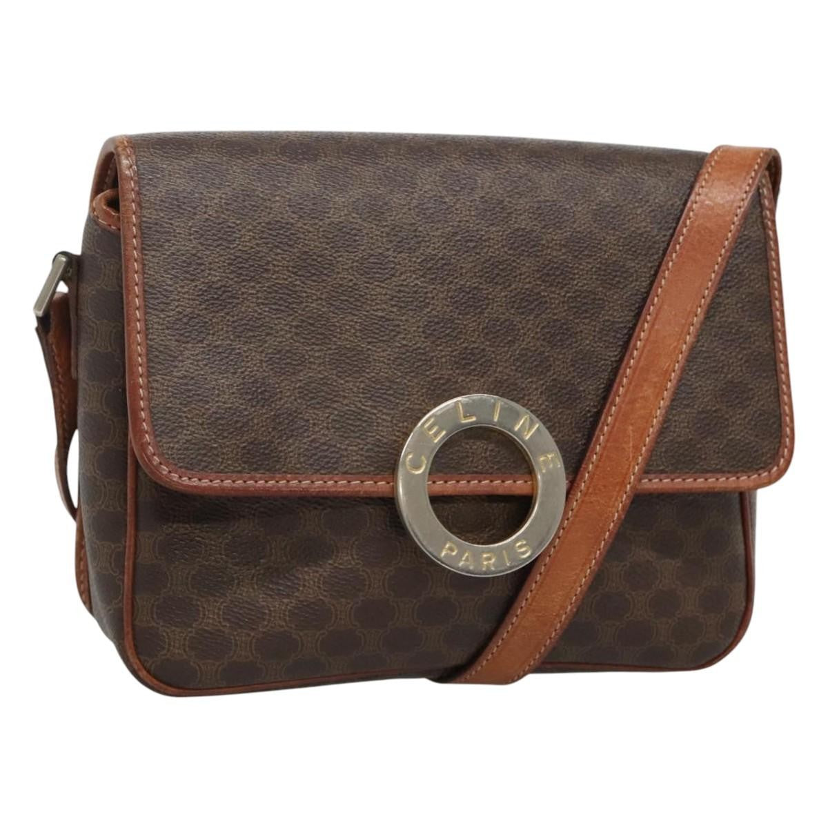 Celine Vintage Macadam Circle Logo Canvas And Leather Brown Canvas Shoulder Bag Bag (Pre-Owned)