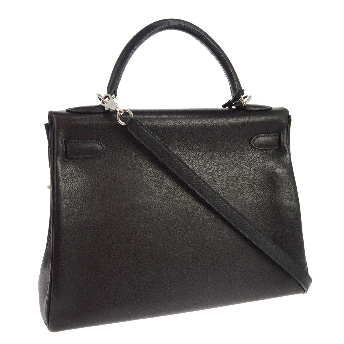 Hermes Kelly Black Evercalf With Palladium Hardware Black Leather Handbag (Pre-Owned)