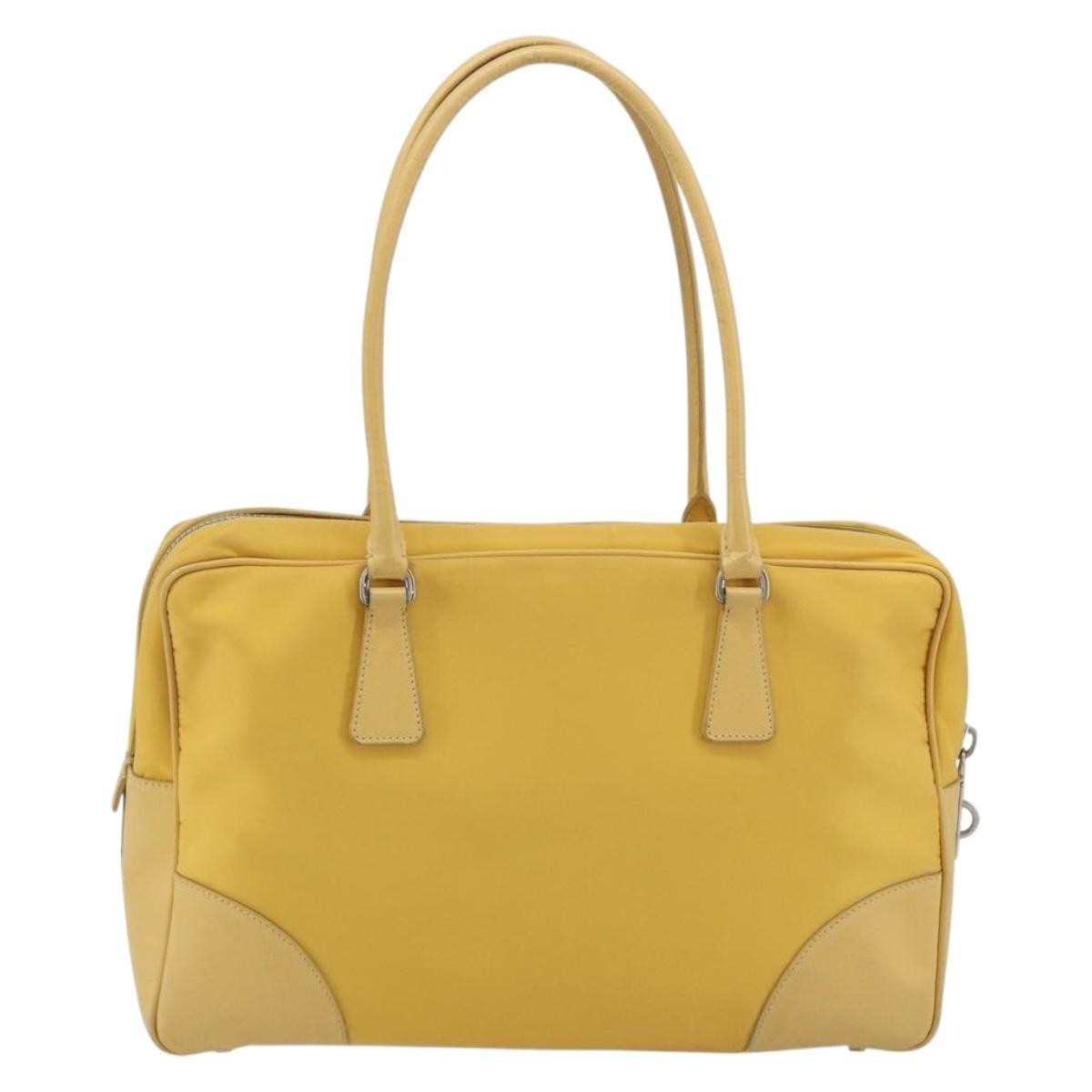 Prada Bauletto Tessuto With Saffiano Leather Yellow Canvas Handbag (Pre-Owned)