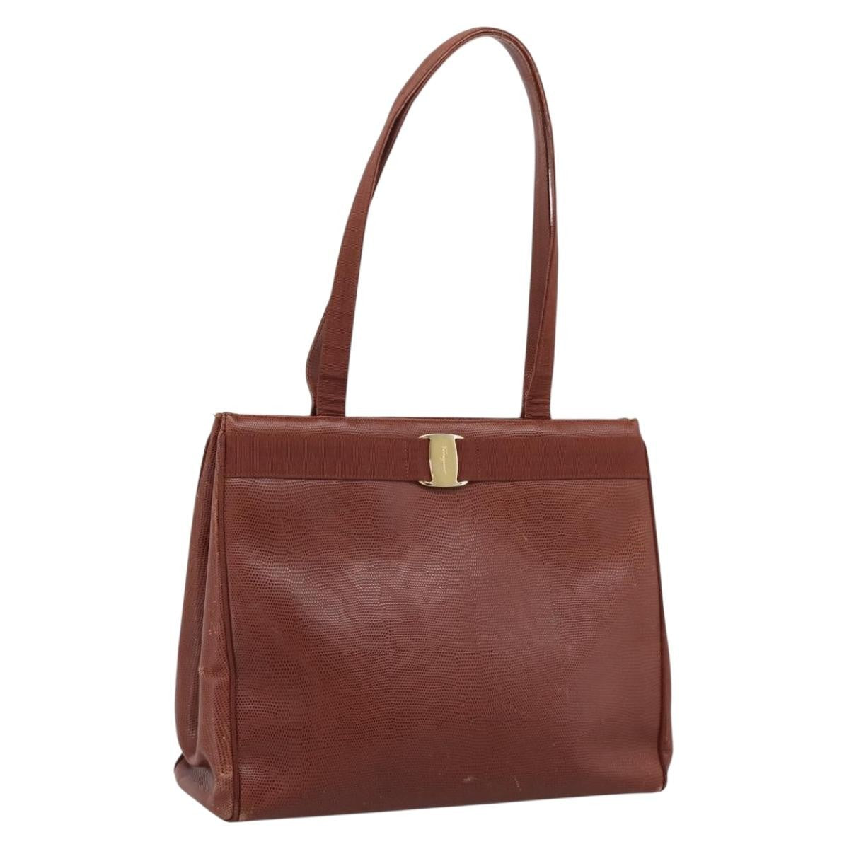 Salvatore Ferragamo Vala Tote Embossed Leather Brown Leather Tote Bag Bag (Pre-Owned)