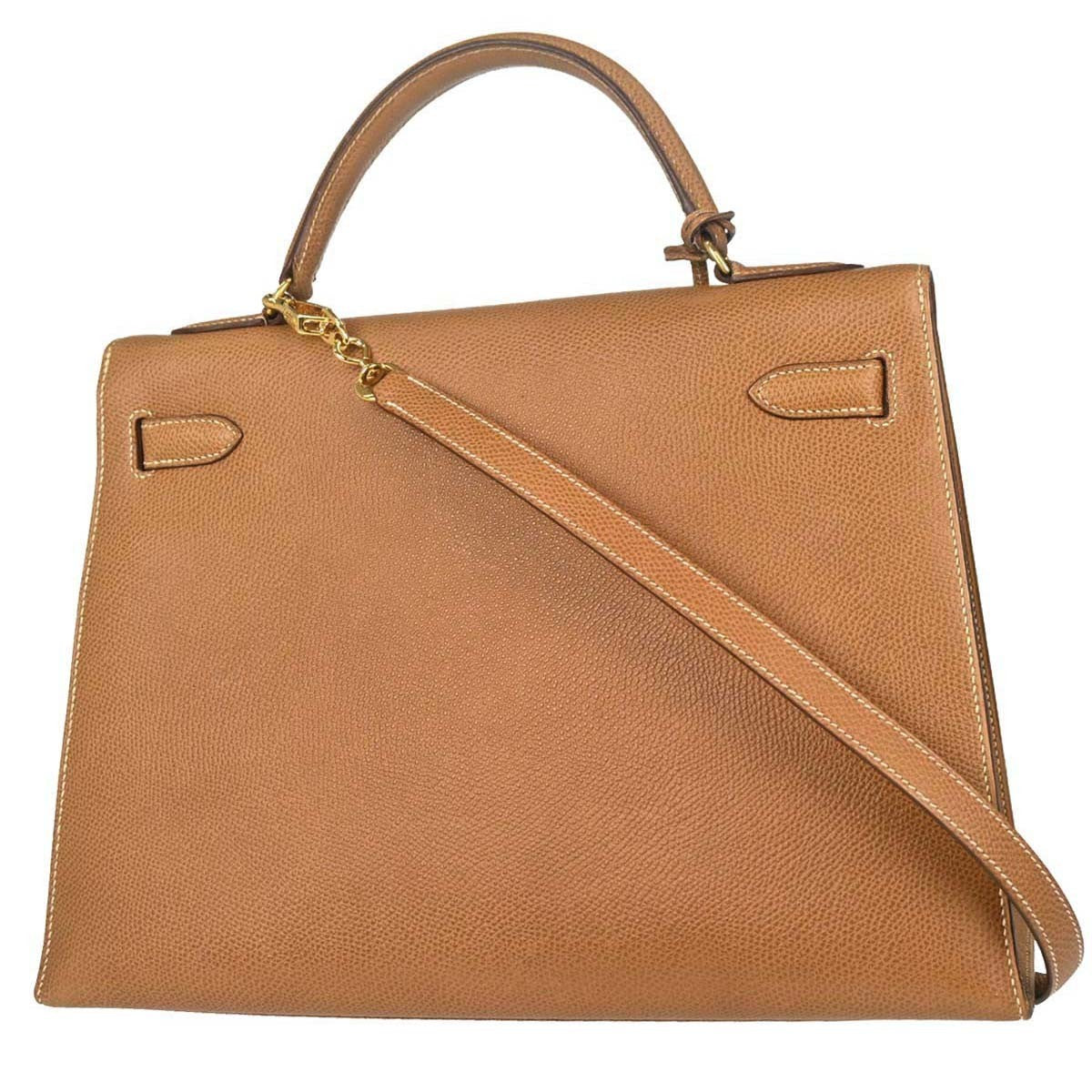 Hermes Kelly Brown Courchevel With Gold Hardware Beige Calfskin Handbag (Pre-Owned)