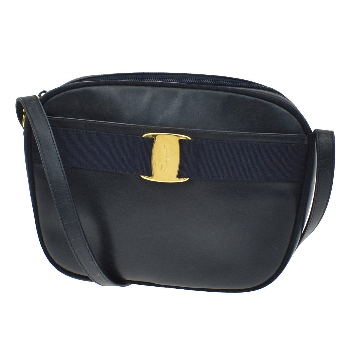 Salvatore Ferragamo Vara Bow Camera Leather Navy Leather Shoulder Bag Bag (Pre-Owned)