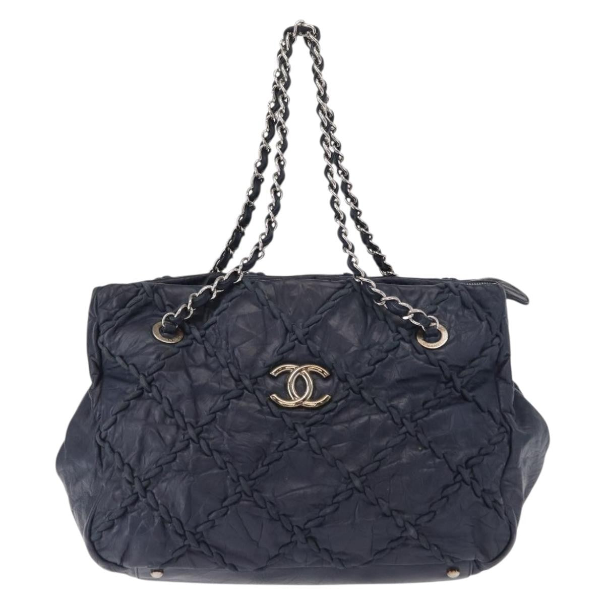 Chanel Ultra Stitch Chain Tote Quilted Calfskin Navy Leather Tote Bag Bag (Pre-Owned)