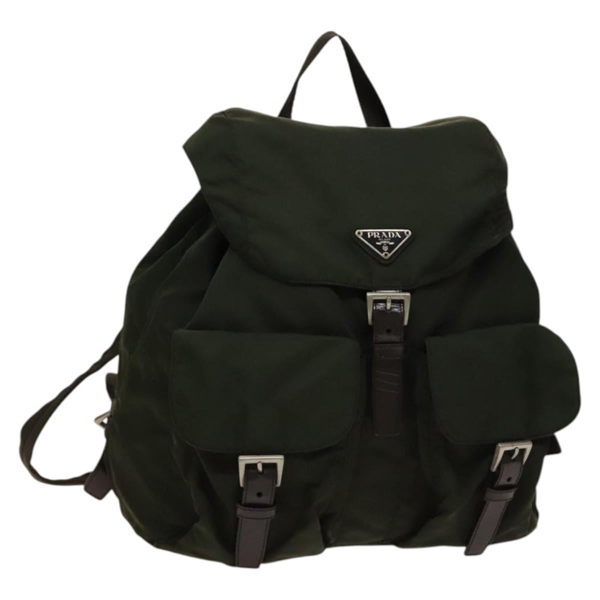 Prada Vela Double Front Pocket Tessuto With Saffiano Leather Khaki Nylon Backpack Bag (Pre-Owned)