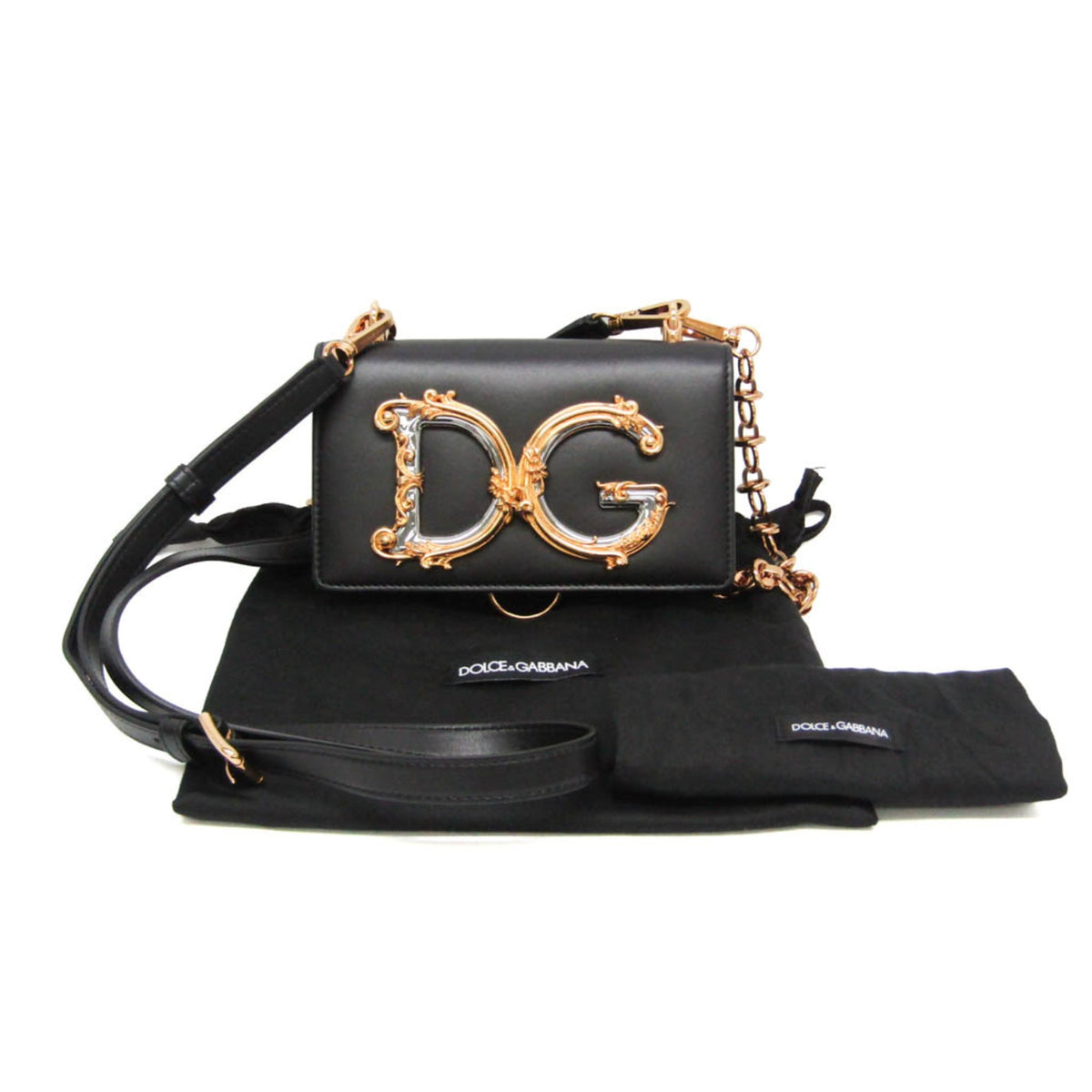 Dolce & Gabbana Dg Girls Flap Embellished Printed Elaphe Black Leather Handbag (Pre-Owned)