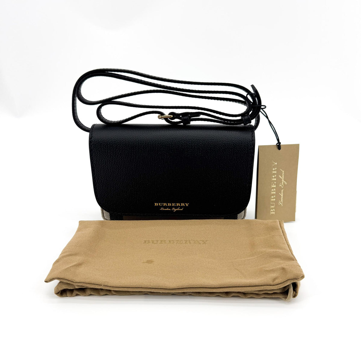 Burberry Hampshire Leather And Vintage Check Canvas Black Leather Shoulder Bag Bag (Pre-Owned)