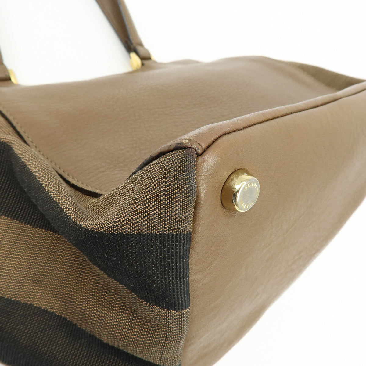 Fendi Boxy Leather With Pequin Canvas Brown Leather Tote Bag Bag (Pre-Owned)