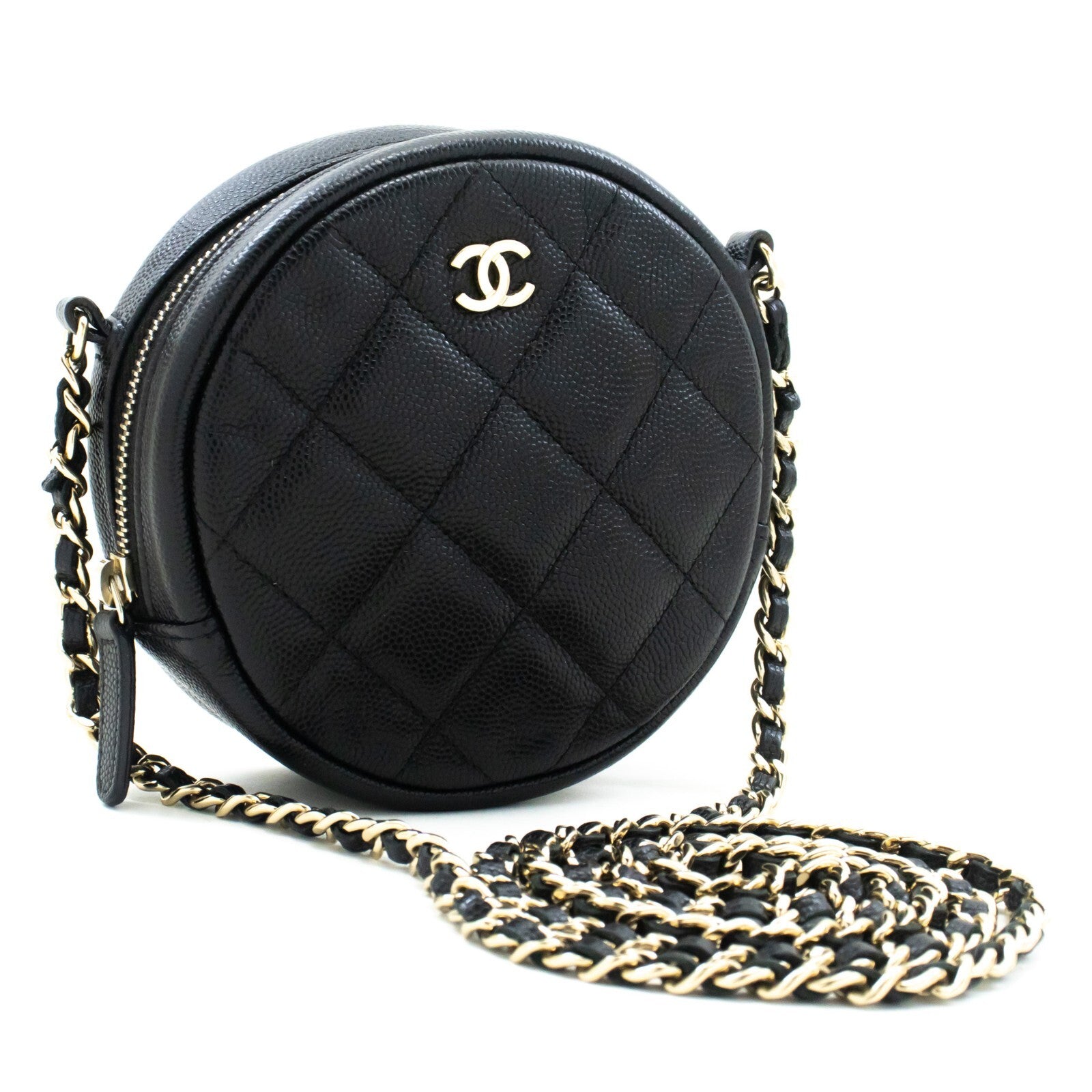 Chanel Round Compartment Clutch With Chain Quilted Caviar Leather Black Calfskin Clutche & Pouche Bag (Pre-Owned)