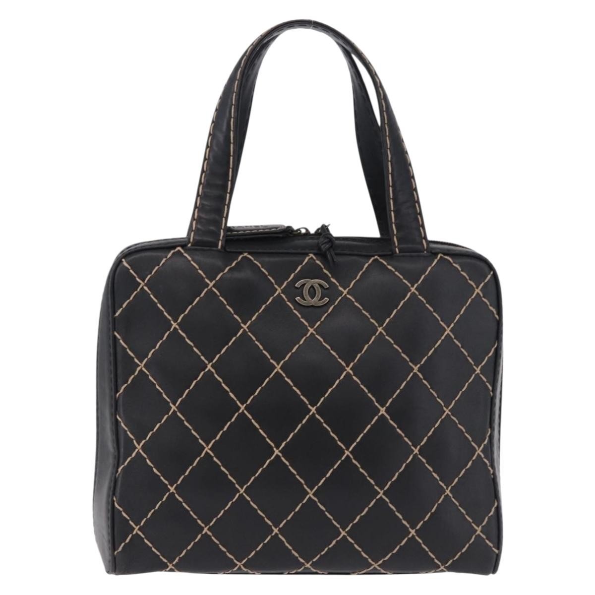 Chanel Surpique Zip Around Satchel Quilted Leather Black Leather Handbag (Pre-Owned)