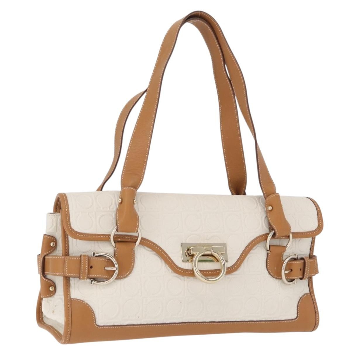 Salvatore Ferragamo Gancini Top Handle Canvas White Pvc Handbag (Pre-Owned)