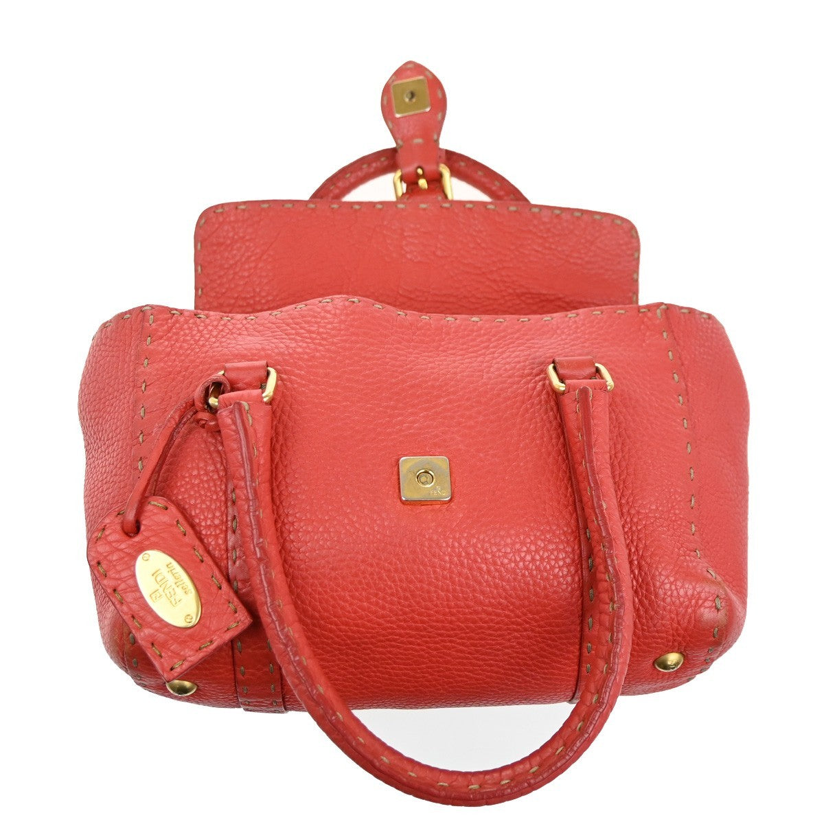 Fendi Selleria Linda Satchel Pebbled Leather Red Leather Handbag (Pre-Owned)